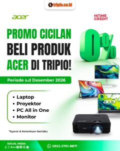 Poster promo kredit 0% Acer di Tripio Computer bersama Home Credit, periode sampai Desember 2026, mencakup laptop, proyektor, PC All in One, dan monitor Acer